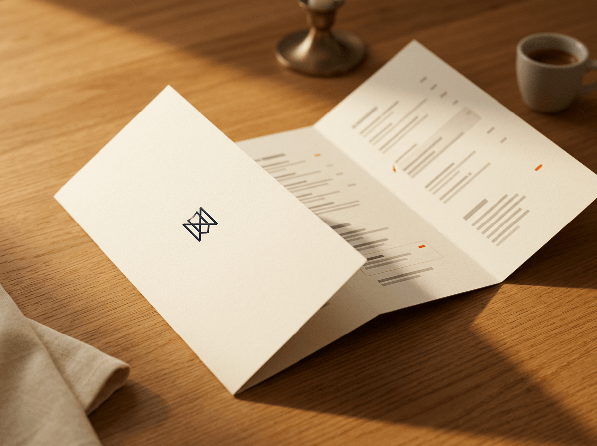 Restaurant trifold menu partially unfolded on warm oak with debossed monogram and orange item marks