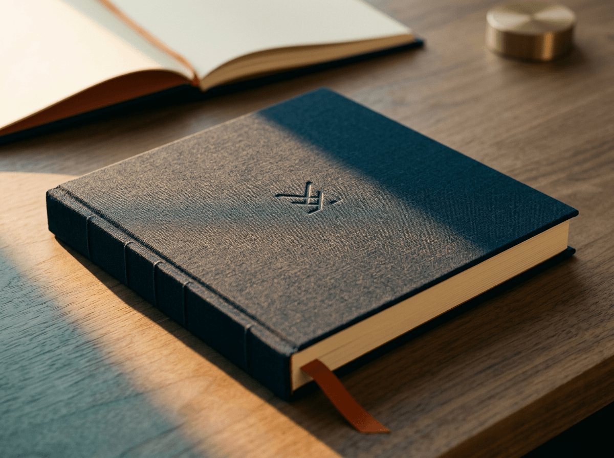 Navy linen hardcover look-book with blind-debossed monogram and burnt-orange silk ribbon marker
