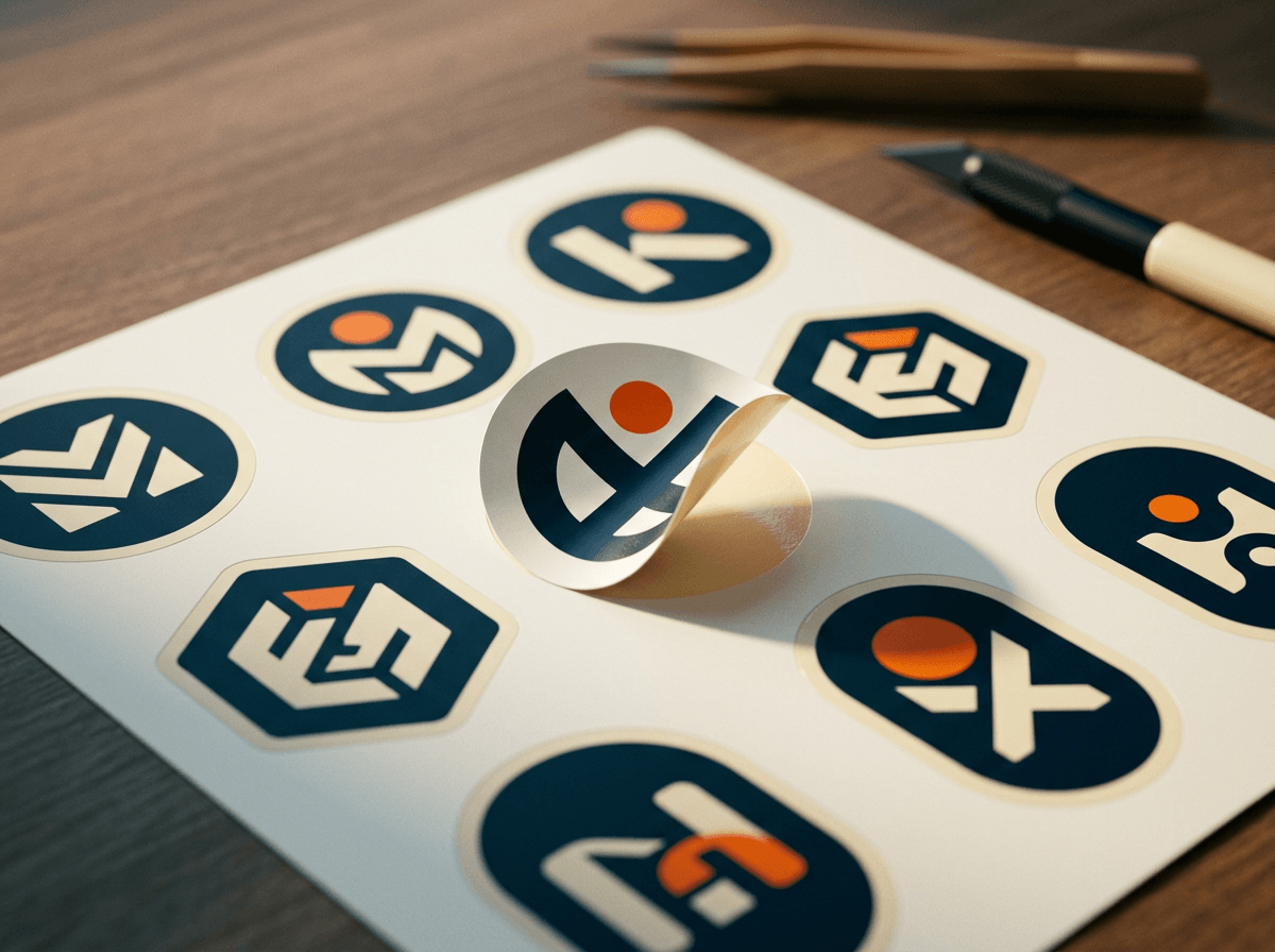 Custom die-cut sticker sheet with a single circular sticker mid-peel, X-Acto knife and tweezers