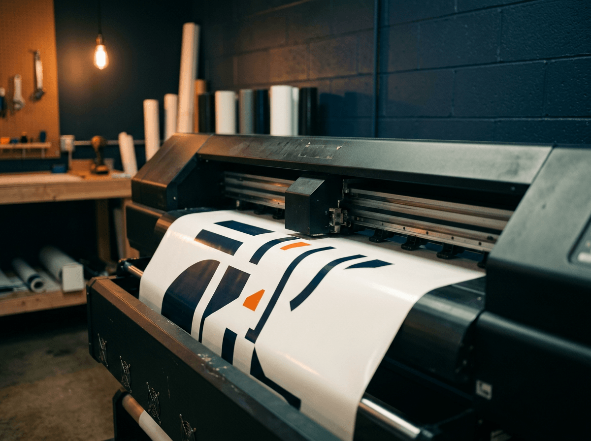 Wide-format printer mid-print with vinyl banner emerging inside a Chicago workshop