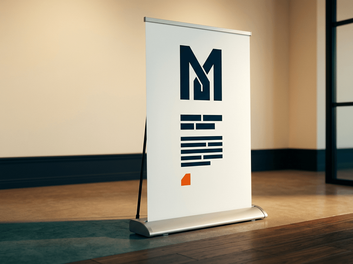 Premium retractable pull-up banner stand in a soft-lit gallery interior