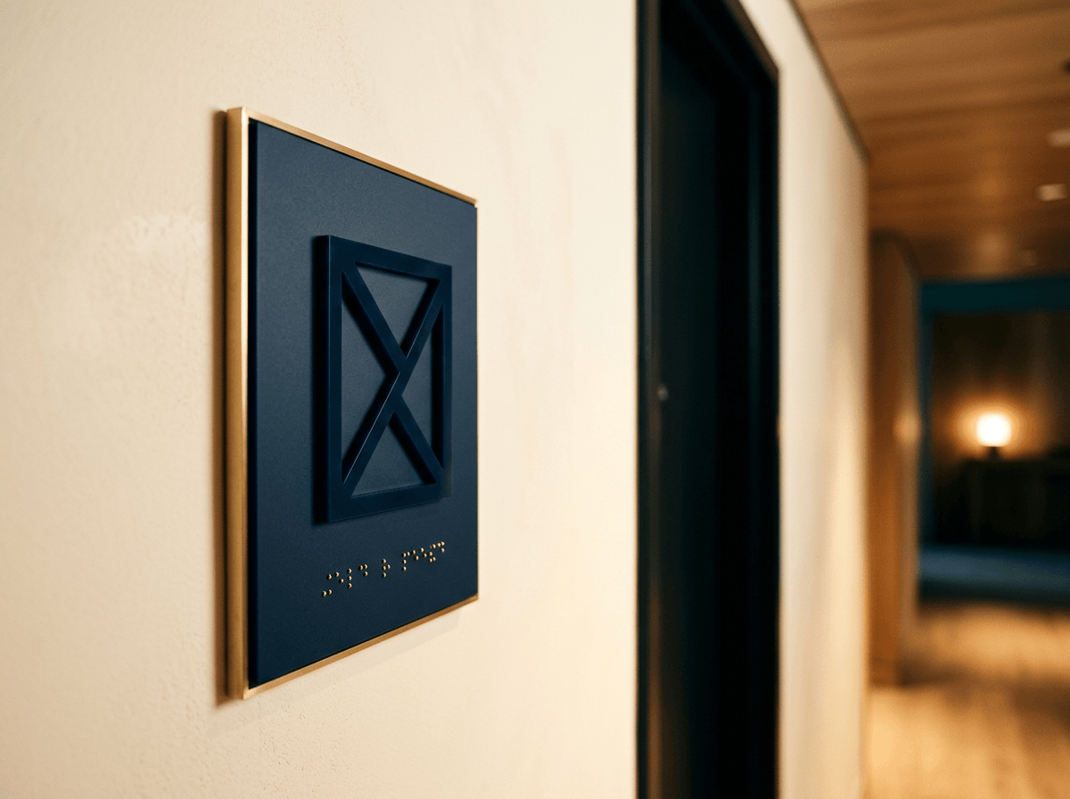 Dimensional ADA wayfinding sign in navy acrylic with brass edge frame and braille dots