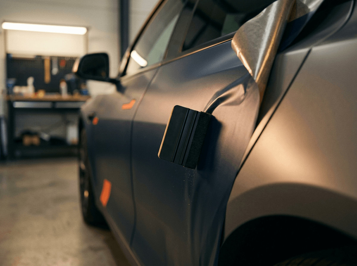 Matte navy vinyl wrap being applied to a curved car panel with squeegee mid-pass