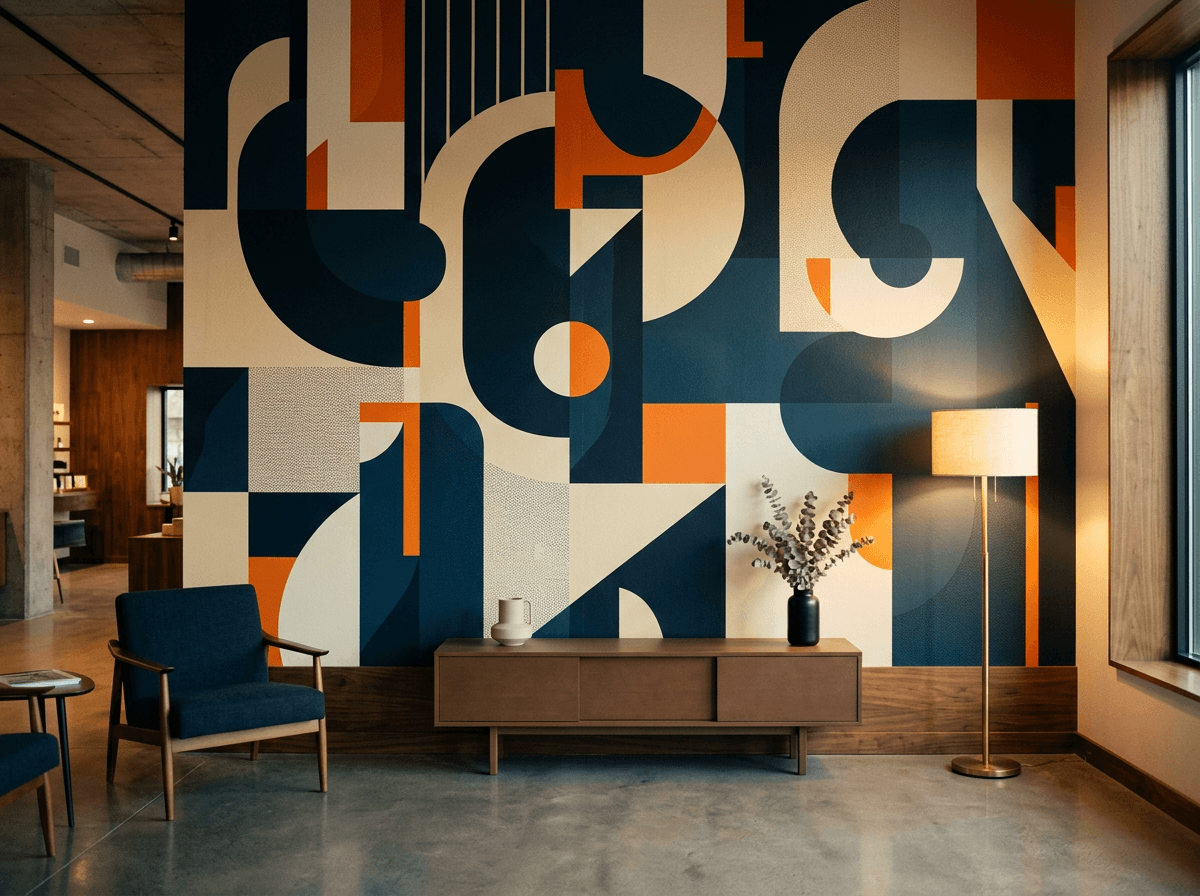 Large-scale printed wall mural in a boutique interior with walnut console and brass floor lamp