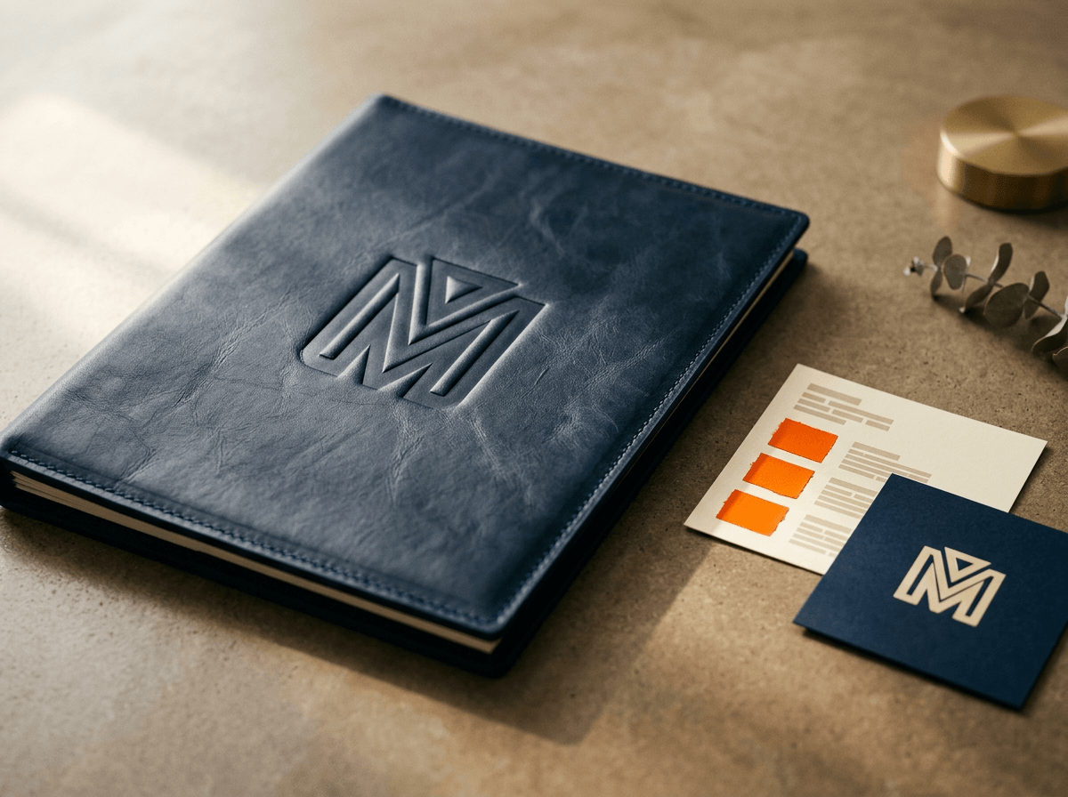 Deep-blind-debossed monogram on midnight navy leather portfolio with brand identity swatches