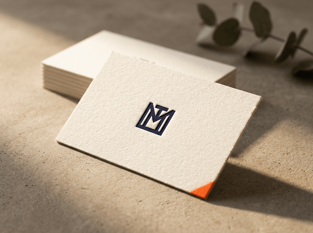 Debossed navy monogram on cream cardstock, single business card hero shot