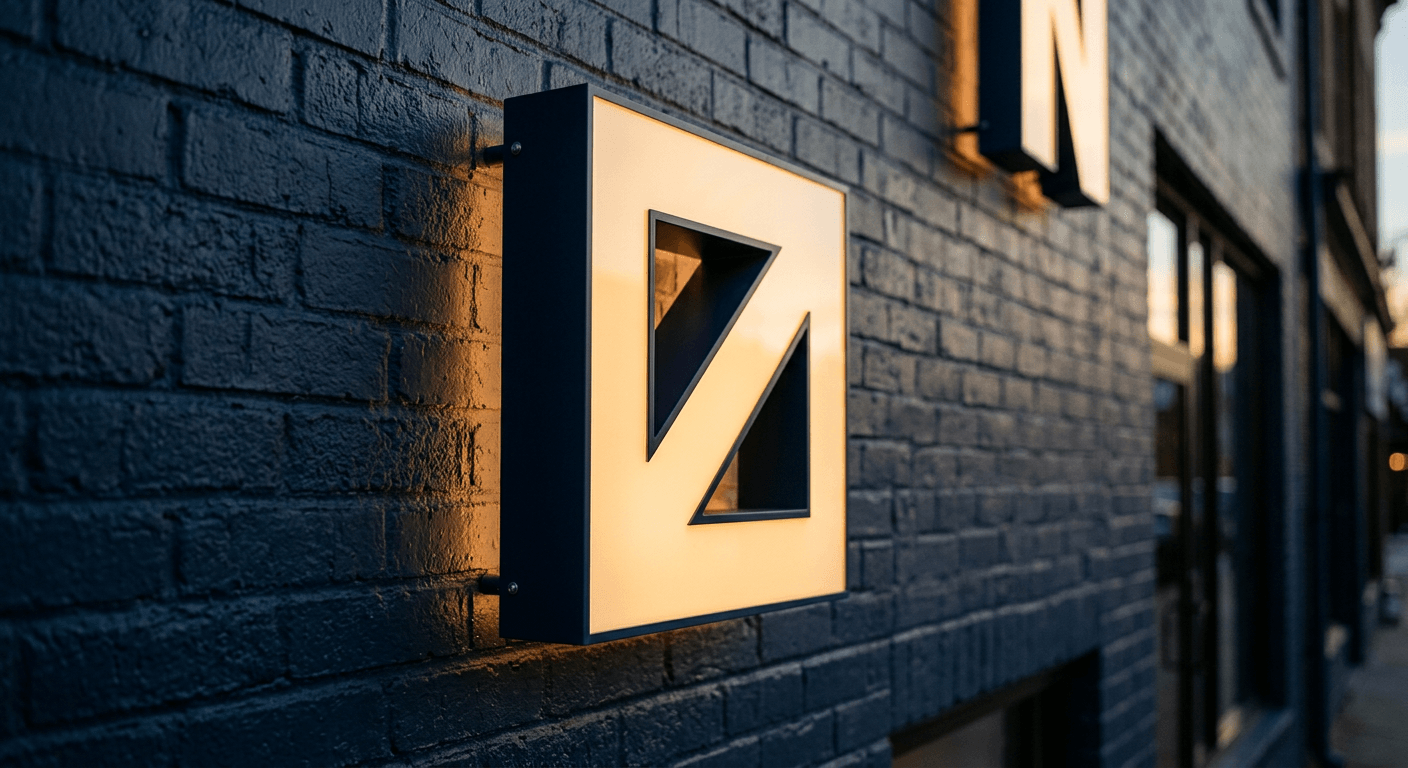 Illuminated dimensional channel-letter sign mounted on dark Chicago brick