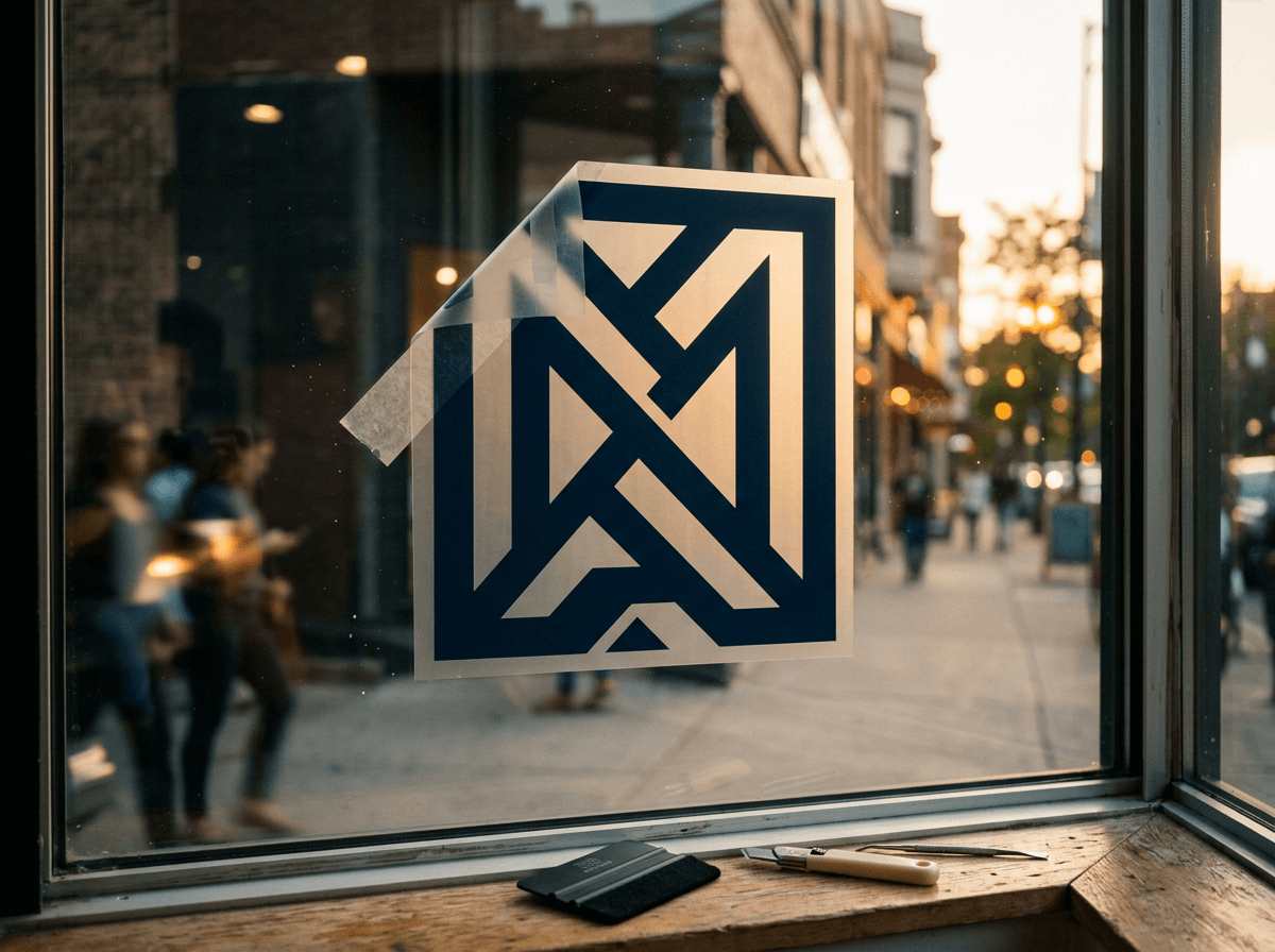 Cut vinyl mid-install on a Chicago storefront window at golden hour