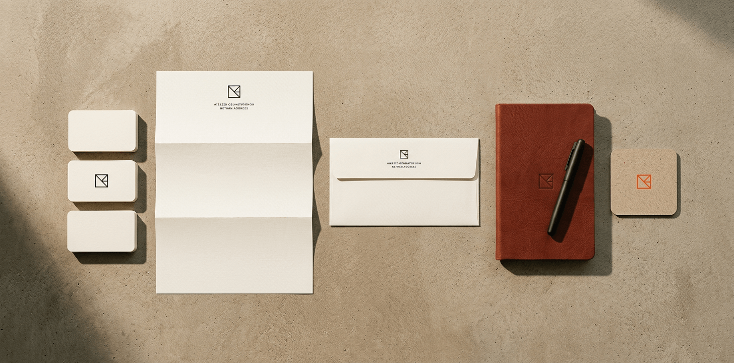 Business cards, letterhead, envelopes, notebook — full stationery flat lay