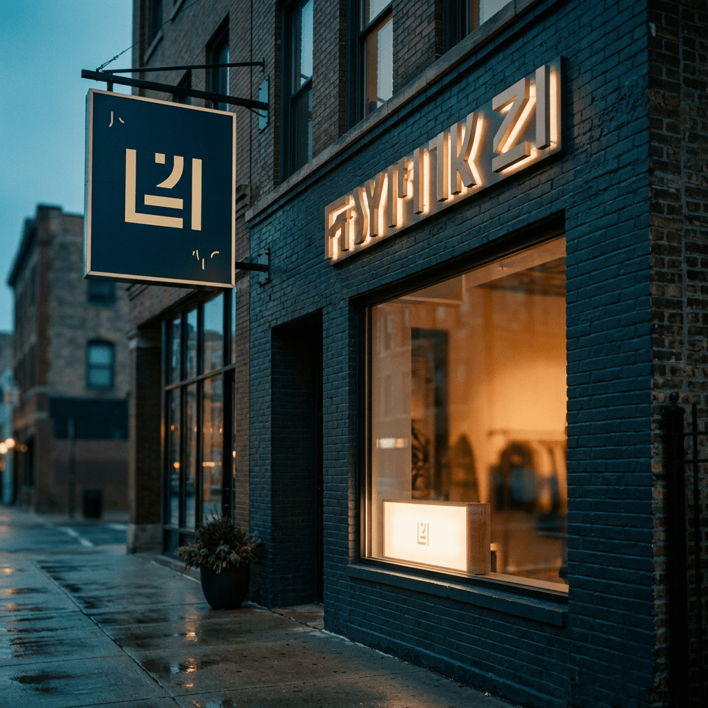 Storefront with blade sign, channel letters, and light box