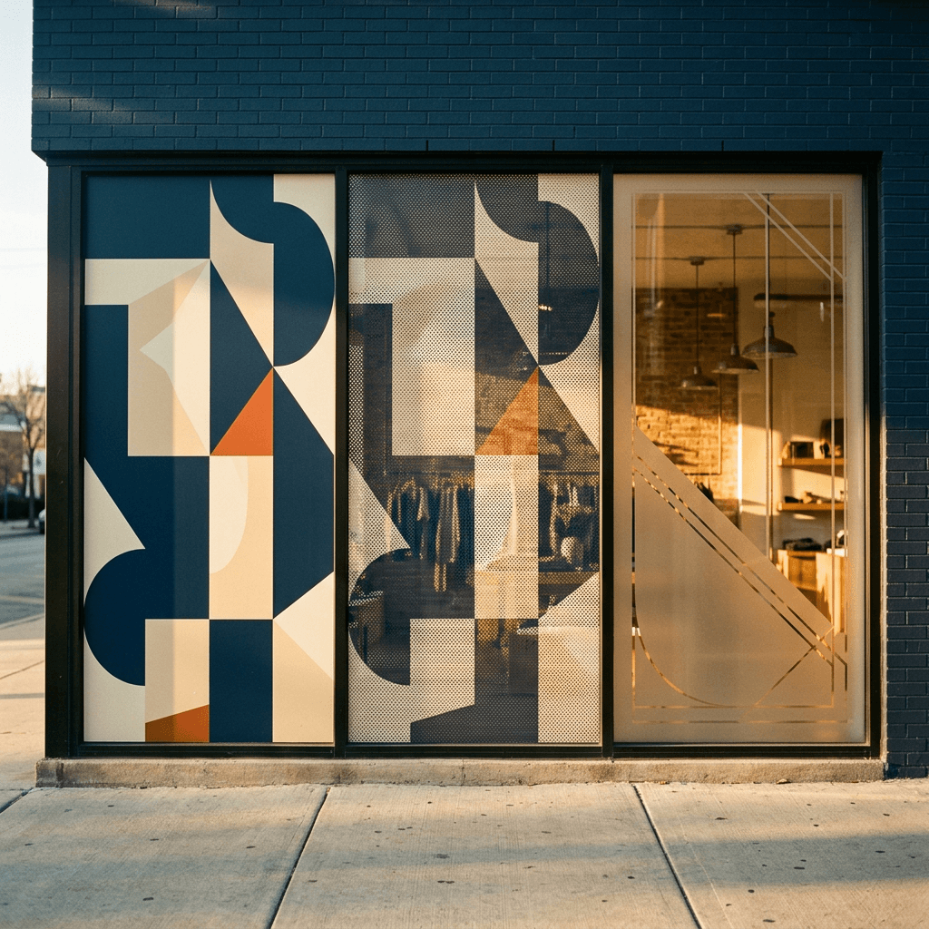 Three window vinyl types side by side — opaque, perforated, frosted