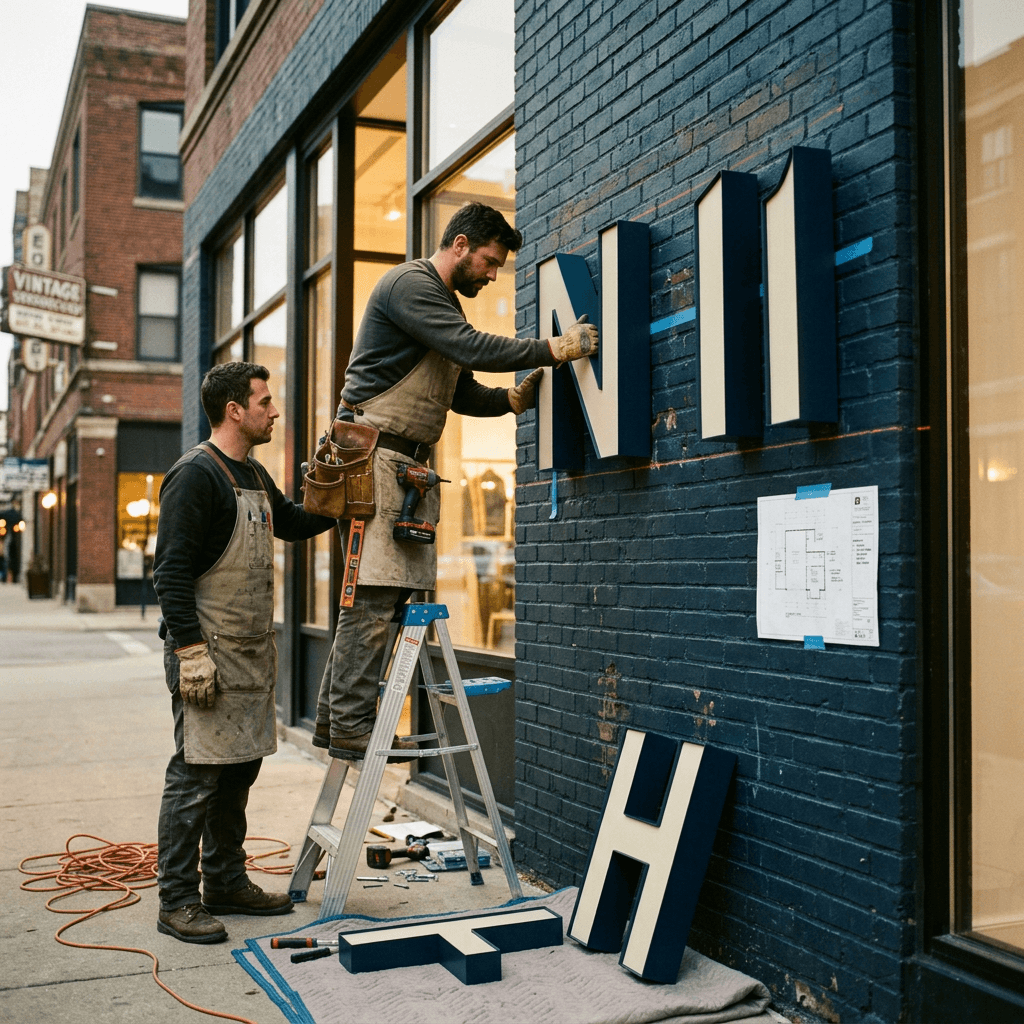 Installers mounting channel letters on a Chicago storefront