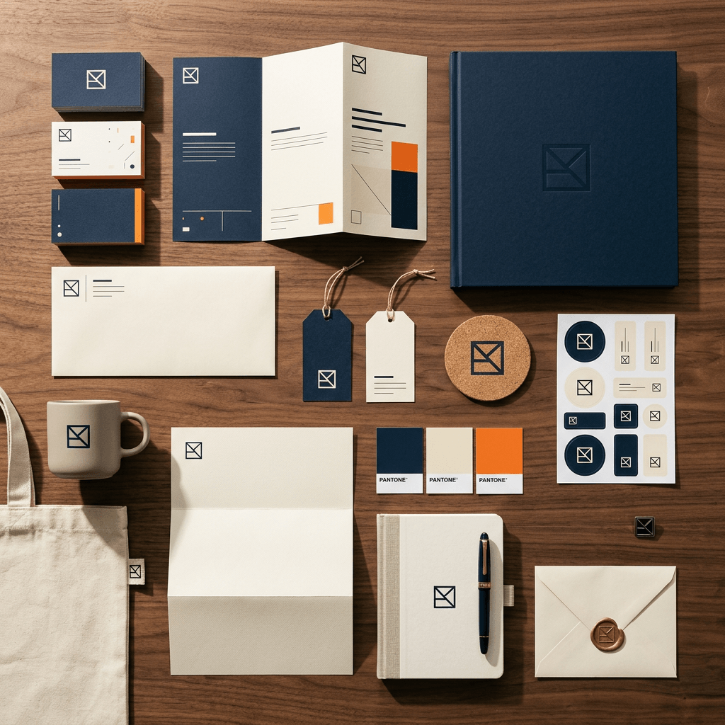 Complete brand identity system rollout — flat lay